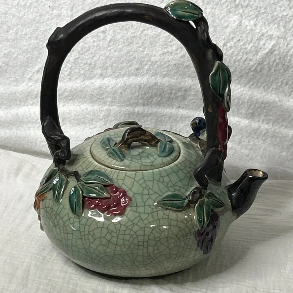 EXCEPTIONAL POTTERY TEAPOT WITH BIRD, FLOWERS & VINES~12